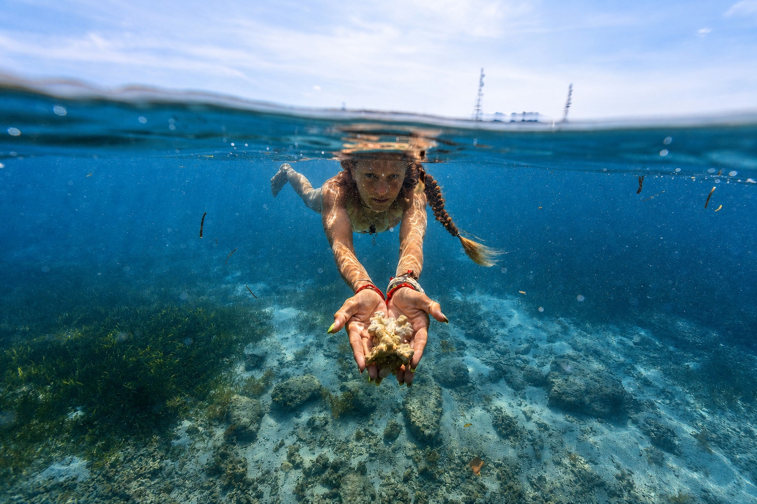 AI-restored swimmer in green coastal water